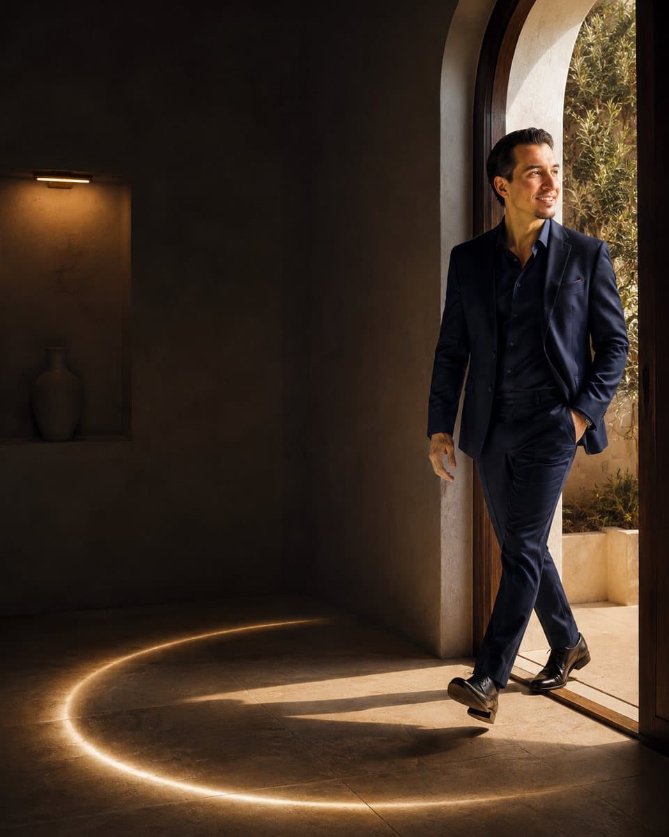 Kareem Jamal in a navy suit, stepping through an arched doorway into a sunlit room